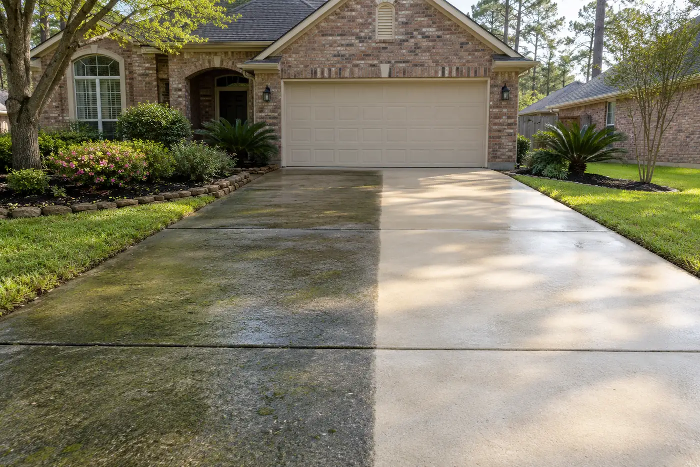 Concrete driveway half dark with mildew and half bright and clean, brick home behind