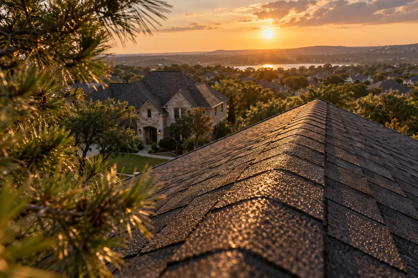 Low drone view along the ridge of a dark architectural shingle roof with pine branches in the foreground