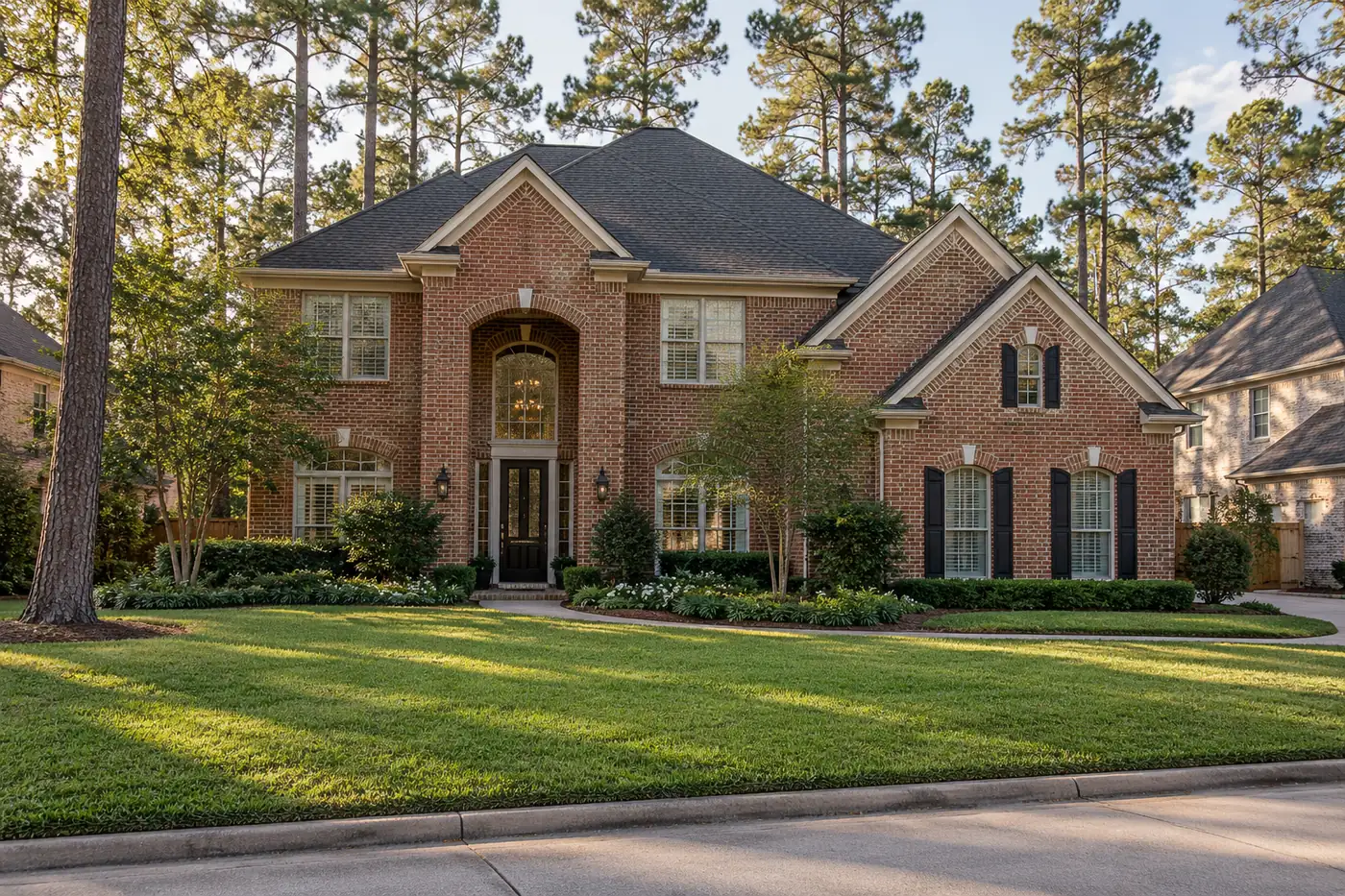 Two-story brick home with a charcoal architectural shingle roof under tall pines