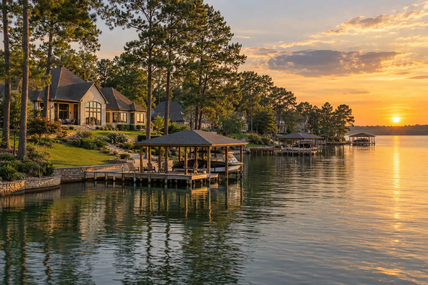 Lakefront homes with shingle roofs on a lake at golden hour