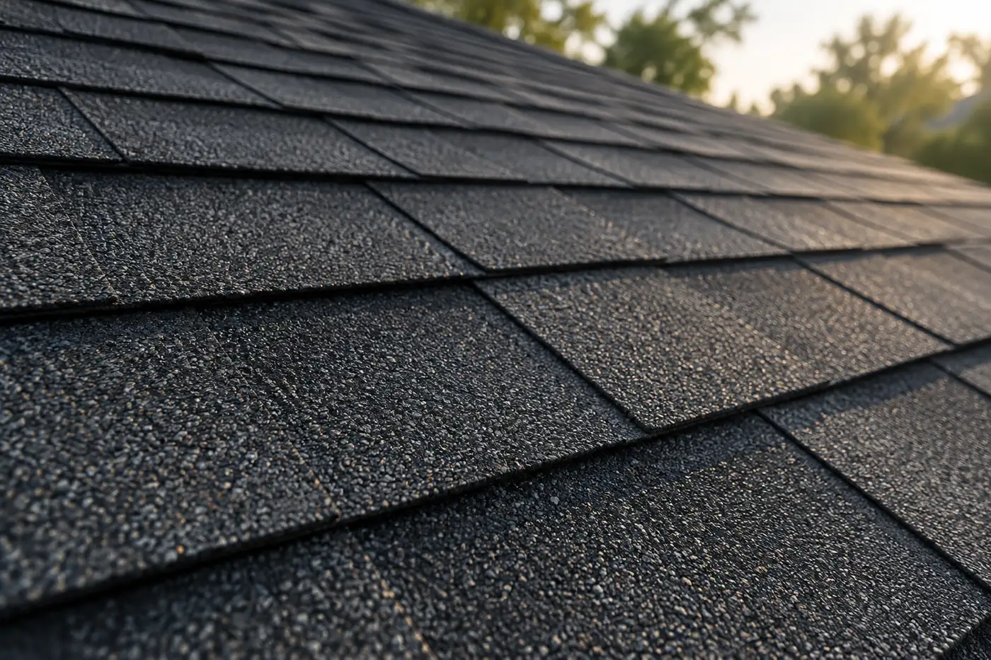 Close-up of dark architectural asphalt shingles in good condition with full granule coverage