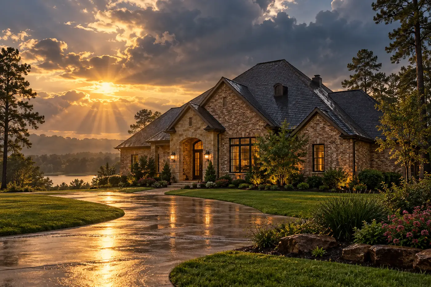 Clearing storm sky over a brick home with a wet charcoal shingle roof