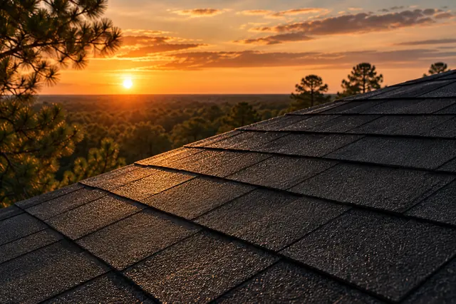 Dark asphalt shingles in evening light