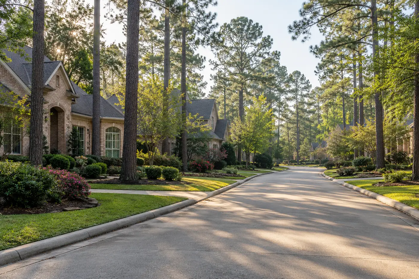 Tree-lined residential street with brick homes and tall pines