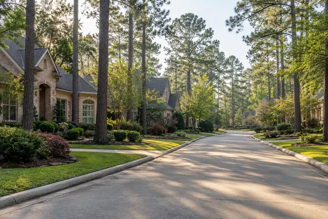 Tree-lined residential street with brick homes and tall pines